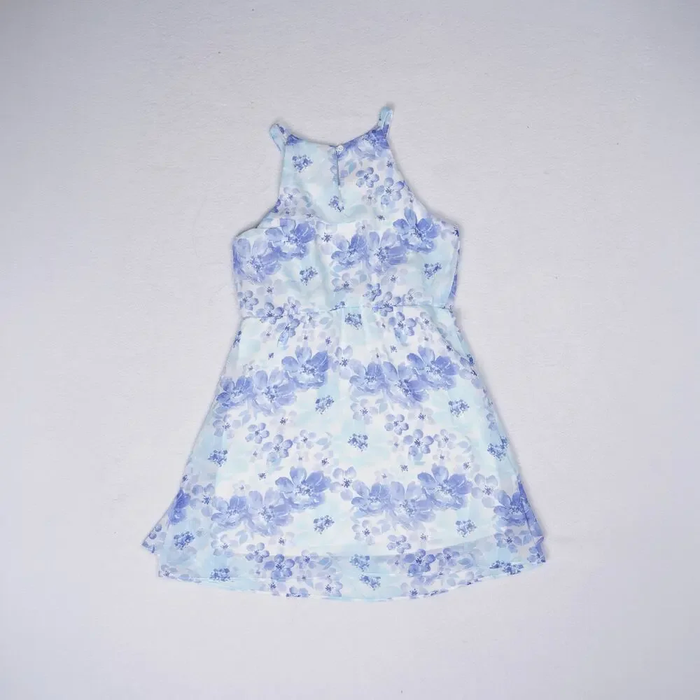 Knitworks Girls Blue Floral Halter Dress & White Denim Jacket Set Sz 6